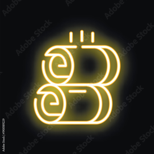 Neon yellow icon of a yoga mat is glowing against a black background