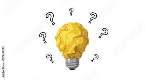 Bright crumpled yellow paper lightbulb symbolizing a problematic idea, surrounded by hand-drawn question marks.