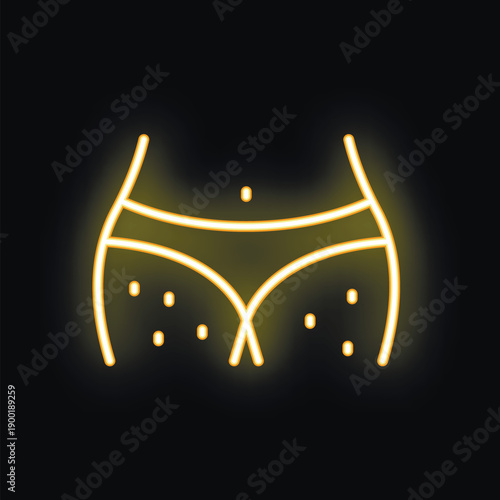 Neon yellow glow icon of a woman body with cellulite on black background representing unhealthy skin due to overweight, need of skincare or liposuction