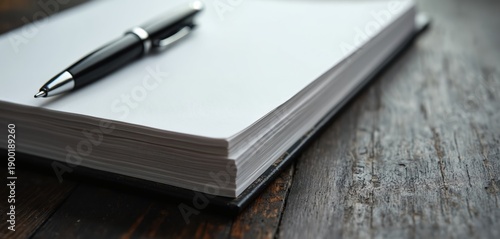 Black pen rests on stack of white paper sheets on dark wood table. Close-up view of stationery for notes, writing, or office work. Simple, neat arrangement offers clean background.