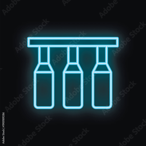 Blue neon sign of three bottles hanging upside down from the ceiling of a bar, pub or restaurant