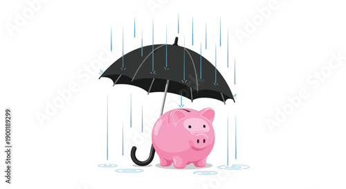 Pink piggy bank securely protected by a black umbrella, with blue raindrops falling into small puddles.