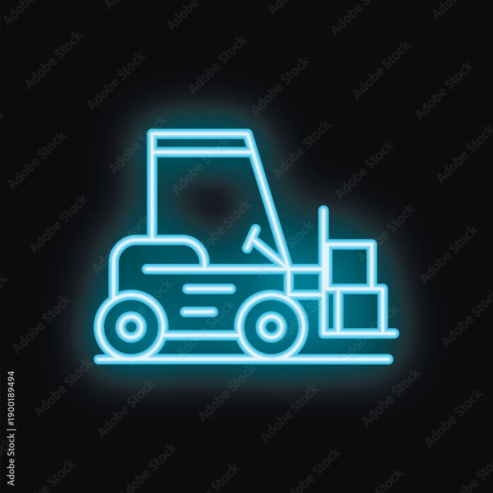 Obraz premium Blue neon sign of a forklift carrying boxes, perfect for illustrating warehouse and industrial concepts