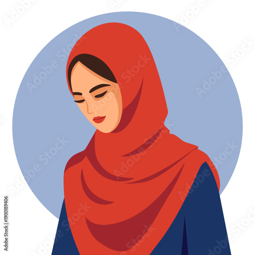 Serene Muslim Woman in Red Hijab Portrait. Illustration.