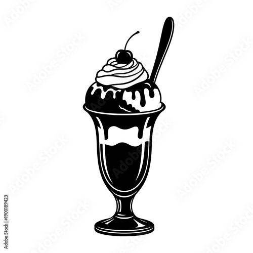 Ice cream sundae silhouette vector artwork with cherry whipped cream dessert design for menu and food branding
