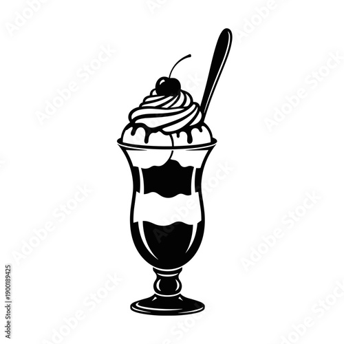 Ice cream sundae silhouette vector artwork with cherry whipped cream dessert design for menu and food branding
