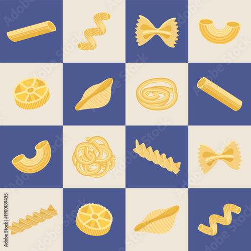 Assortment of Italian pasta in a checkerboard seamless pattern. Italian pasta background.