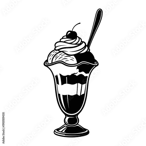Ice cream sundae silhouette vector artwork with cherry whipped cream dessert design for menu and food branding
