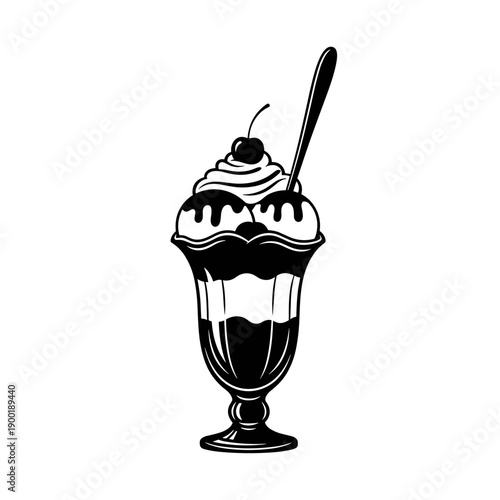 Ice cream sundae silhouette vector artwork with cherry whipped cream dessert design for menu and food branding
