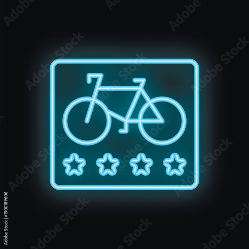 Blue neon glowing symbol of bicycle rental or shop with five stars review