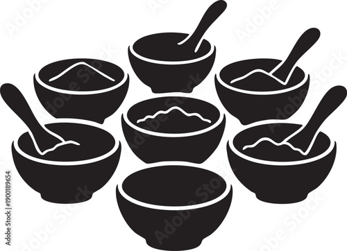 Rice Bowl Icons Set with Spoons Black Silhouette