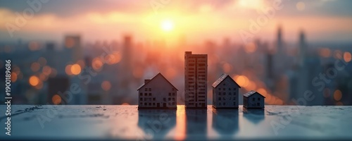 Miniature houses and high-rise buildings sit on a surface with city skyline bokeh lights at sunset. Represents urban growth and housing challenges.