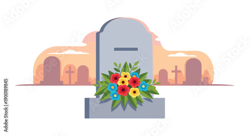 Peaceful cemetery scene with a grey gravestone featuring a vibrant bouquet of multicolored flowers under sunset.
