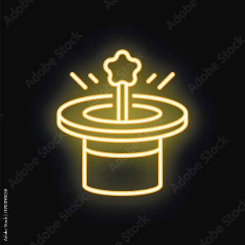 Magic hat with magic wand appearing from it glowing in neon style on dark background