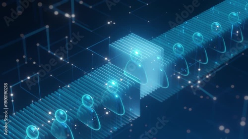 3D render futuristic digital identity row glowing blue human icons stack. Data management social network user profiles blockchain technology. Abstract big data human resources concept.