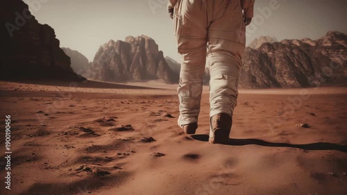 anastronaut walking across the Martian desert with towering Mars mountains in the background  4K