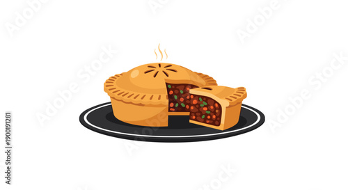 Hearty meat pie with a slice cut, showcasing savory filling, steam gently rising, served on a black plate