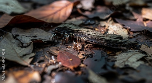 Closeup view of fallen leaves and a small stream in a forest setting.