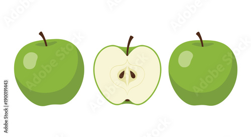 Two vibrant whole green apples framing a perfectly sliced half apple, revealing its crisp interior and seeds