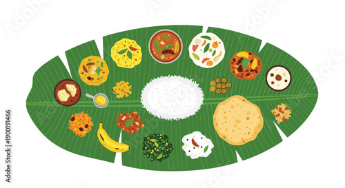 Elaborate traditional South Indian Thali meal, diverse dishes artfully arranged on a fresh banana leaf, rich culture