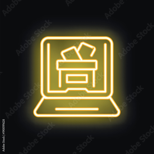 Yellow neon icon of online voting using a laptop computer, isolated on a black background