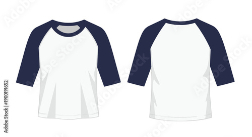 Front and back views of a classic white and navy blue 3/4 sleeve raglan t-shirt, presented flat lay
