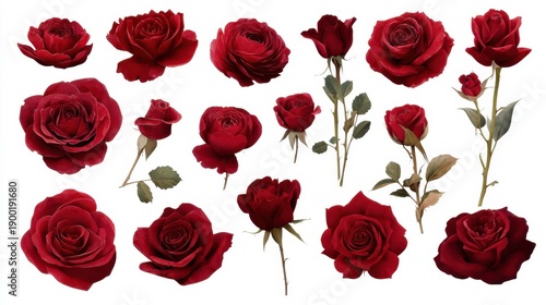 Collection of elegant red roses with varied blooms and stems.