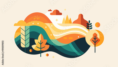 Set of four minimalist seasonal landscape posters, flat vector illustrations for winter spring summer and autumn, nature backgrounds with abstract shapes..eps
