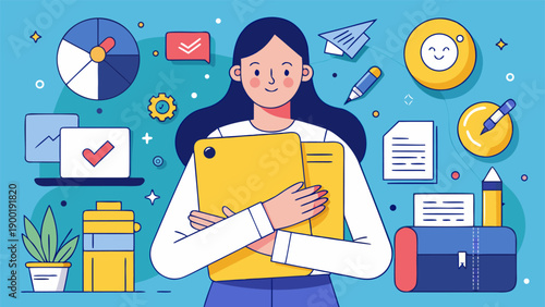 Flat design business character with rocket ship and marketing icons.eps