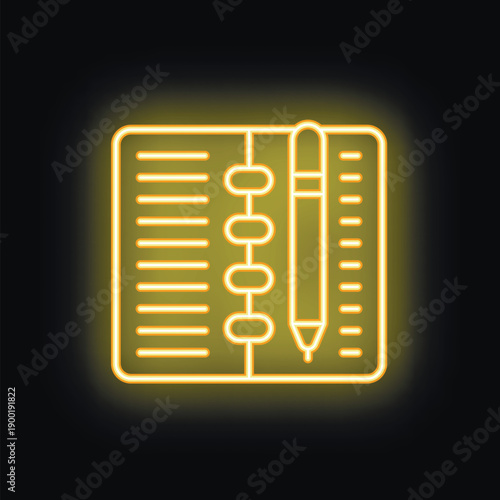 Yellow neon icon of a notepad with a pen, glowing on a black background, representing note taking, writing, and organization