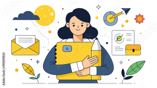 Professional creative worker sitting on floor with rocket and tools.eps