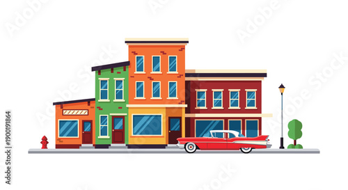 Colorful retro city street with charming old-fashioned buildings and a classic red car parked peacefully on a sunny day.