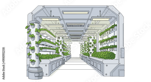 Expansive interior of a large-scale vertical farm with abundant hydroponic plant growth on multi-tiered shelves and