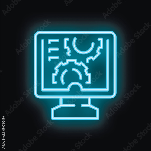 Neon icon of a computer displaying gears turning, representing automation and technological advancement