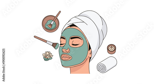 Woman applying a green face mask surrounded by spa treatment essentials and lotus flower