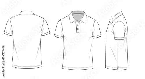 Empty white men's polo shirt with collar and buttons in front, side, and back views