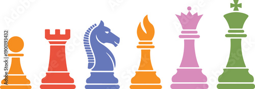 Six distinct colorful chess figures standing neatly in a row on a plain white surface