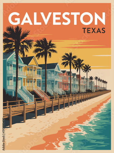 Tropical Boardwalk Scene with Pastel Houses and Palm Trees at Golden Sunset