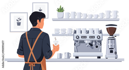 A barista prepares a beverage behind a coffee shop counter