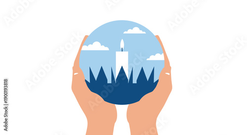 Hands cradling an egg with a landscape scene inside it