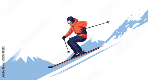 A skier descends a snowy mountain slope in a dynamic illustration