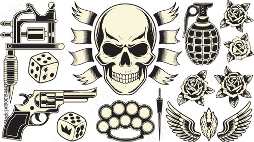 A vintage style collection of tattoo elements featuring a skull handgun dice roses and a grenade