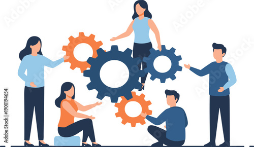 Teamwork and Business Collaboration Illustration with People Working Together on Gears, Corporate Process, Project Management, and Problem Solving Concept