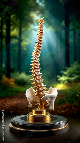 A gold and white sculpture of a human spine on a pedestal in the woods