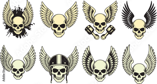 Eight vintage style human skull illustrations with various wing designs and motorcycle accessory elements