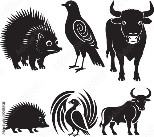 Collection of black silhouette animal icons: a spiky hedgehog, a stylized bird, and a powerful bull.