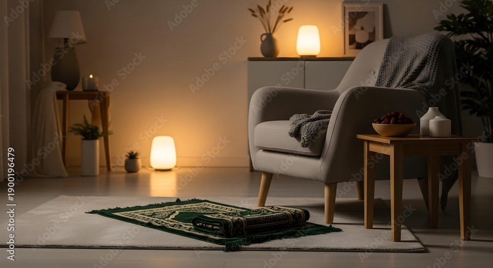 Fototapeta premium A cozy living room with a comfortable chair and warm lighting at night