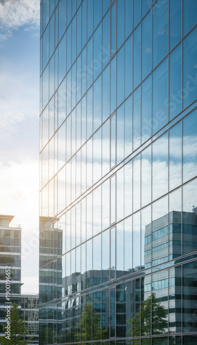 Modern glass skyscraper reflecting blue sky and clouds with sun flare