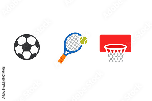 Different sports equipment displayed side by side on a white background, showing a soccer ball, a tennis racket with a tennis ball, and a basketball hoop