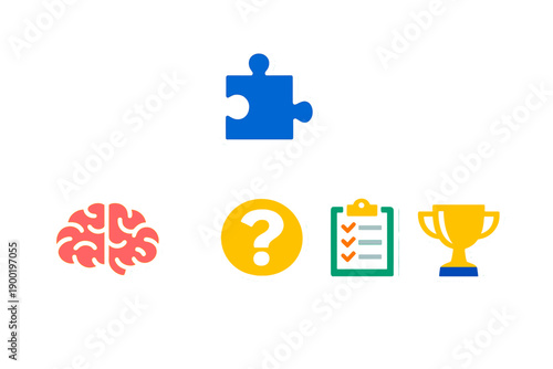 Engaging brain games using puzzles, question marks, checklists, and trophies in a fun learning environment
